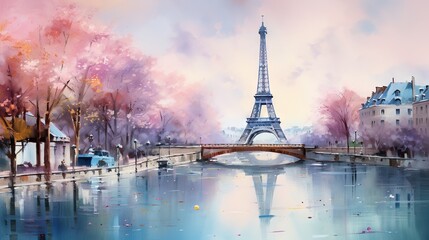 Fototapeta na wymiar a painting of the eiffel tower in paris, france. generative ai
