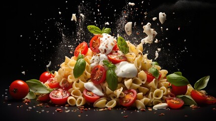  a pile of pasta with tomatoes, mozzarella and basil.  generative ai