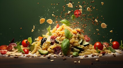 Obraz na płótnie Canvas a pile of pasta salad with tomatoes, cucumbers and other vegetables. generative ai