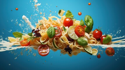  a bunch of pasta with tomatoes, basil, and other ingredients falling into the water.  generative ai