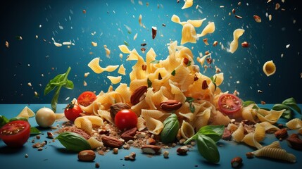  a pile of pasta with nuts, tomatoes, and basil.  generative ai - obrazy, fototapety, plakaty