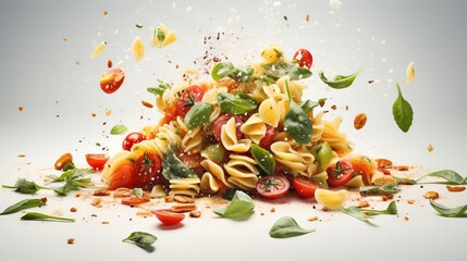 Obraz na płótnie Canvas a pile of pasta with tomatoes, basil, and other ingredients. generative ai