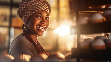 Cheerful black female baker portrait proudly displaying her scrumptious cakes, sunlight background, smiling baker is happy to treat you to her delicious culinary masterpieces, passion for cooking