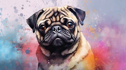  a painting of a pug dog on a colorful background.  generative ai