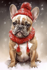 French Bulldog in Hat and Scarf