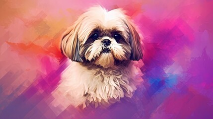  a small white and brown dog on a pink and purple background.  generative ai