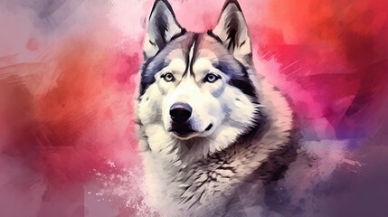  a painting of a husky dog on a pink and red background.  generative ai