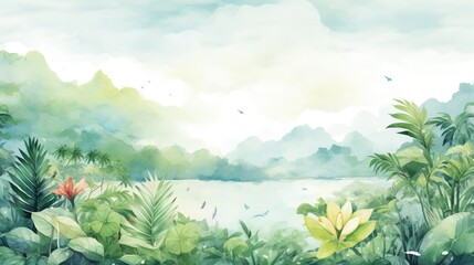  a painting of a tropical scene with a lake and trees.  generative ai