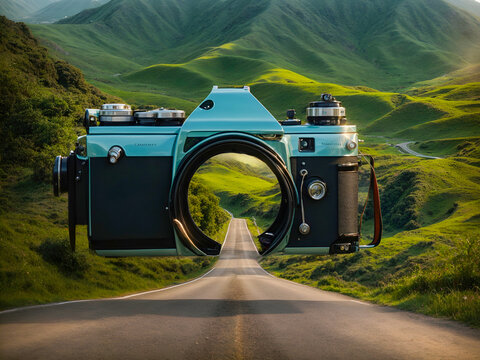 A large vintage camera framing a scenic road that stretches through lush green landscapes and mountains