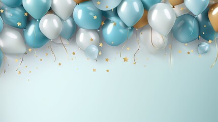  a bunch of balloons with gold and blue balloons on them.  generative ai