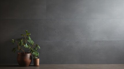  two potted plants on a table in front of a gray wall.  generative ai