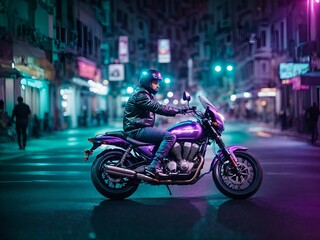 A motorcyclist sits on his motorcycle in the middle of a city street