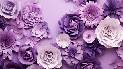  a bunch of paper flowers are on a purple background with white and pink petals.  generative ai