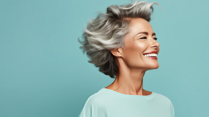 Profile side photo of mature cheerful pretty lady have fun clubber look empty space isolated over turquoise color background - obrazy, fototapety, plakaty