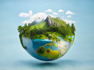 A conceptual image of a half-globe, with its upper surface featuring a vibrant, verdant landscape...