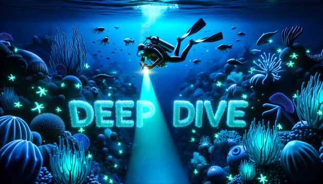 Scuba diver descending into the deep ocean with a powerful flashlight. Surrounding the diver, bioluminescent creatures spell out DEEP DIVE, highlighting the exploration of unknown depths.