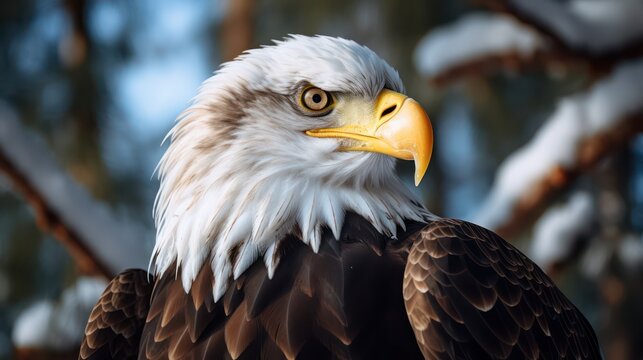 Close-up shot of a bald eagle with focus sharp eyes, engaged in the hunt while navigating the wild landscape.