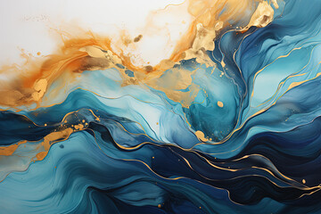 Abstract blue wave with gold lines watercolor texture painting, Generative Ai