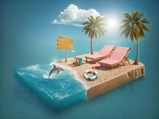 Foto op Aluminium A surreal floating island featuring a slice of beach paradise with turquoise waves crashing on its shore, a dolphin leaping out, and a starfish beside. On the sandy section, there are two sun loungers © Meeza