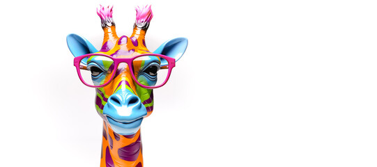 Fototapeta na wymiar Fantasy giraffe wearing glasses with multicolored style.funny wildlife in surreal surrealism art.creativity. and inspiration background.
