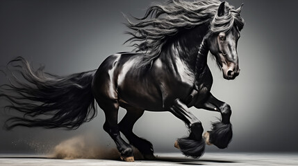 Obraz na płótnie Canvas Black stallion, horse with long mane running in studio on grey background. 