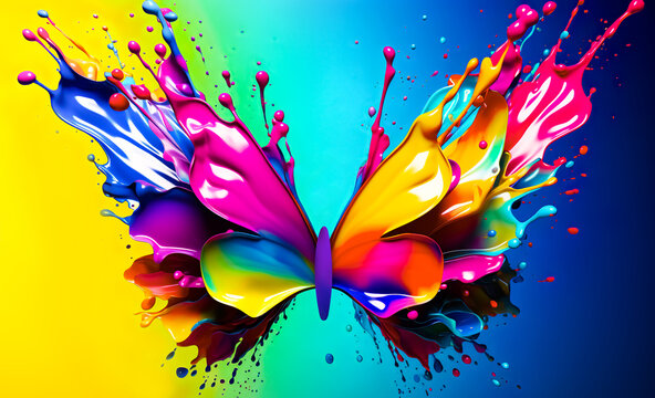 Multicolored liquid splash mixing with butterfly shape.Fantasy digital art background.animal in surreal surrealism ideas.creativity and inspiration