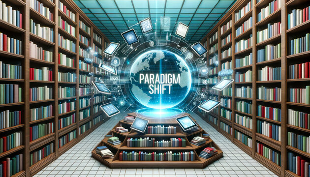 Library Transition: Traditional Books to Digital Tablets with Paradigm Shift Hologram