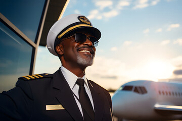 Afro-American airplane pilot smiling on the airport runway