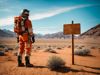 An astronaut stands in the desert and looks at a wooden sign