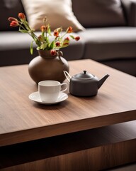 CLOSE UP living room furniture detail design wooden coffee table with decrative vase flower and coffuu mug cup cosy comfort house beautiful ideas concept