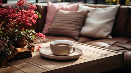 Fototapeta na wymiar CLOSE UP living room furniture detail design wooden coffee table with decrative vase flower and coffuu mug cup cosy comfort house beautiful ideas concept