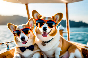 Funny Corgi Dogs wearing sunglasses on a yacht with the sea and blue sky background