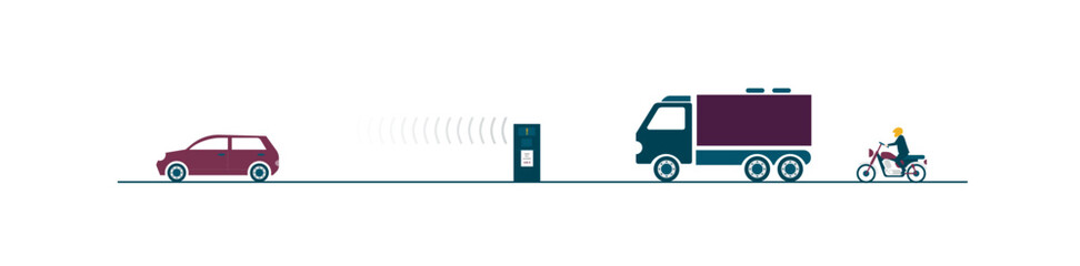 Radar speed control machine system reading car&rsquo;s licenses plates. Traffic control, transport. Flat style colorful vector illustration isolated on white background.