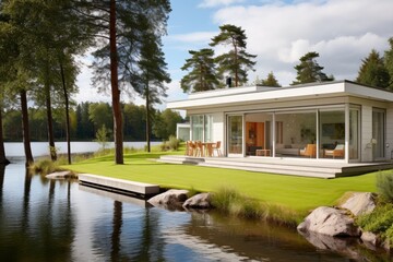 Fototapeta na wymiar small villa house outdoor architecture with pool reflect river beautiful house with garden design