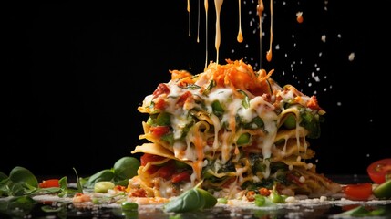  a pile of food that is on top of a table.  generative ai