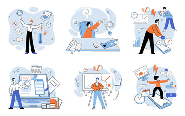 Busy employee vector illustration. The workaholic employee is always focused on completing tasks The corporate world can be stressful and demanding environment for employees The deadline for project