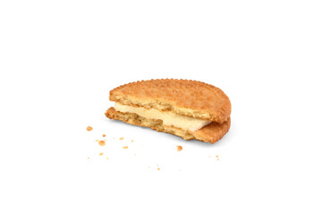 Shortbread cookie with coconut filling and crumbs isolated on white background.