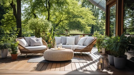 semi outdoor balcony home interior design concept cosy comfort casual living room with wooden natural material beige bright white colour scheme house beautiful ideas concept - obrazy, fototapety, plakaty