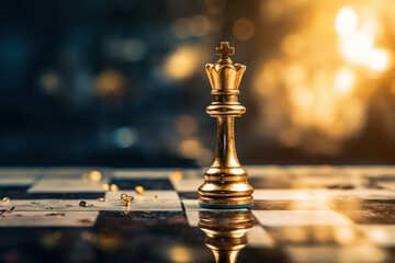 Winner Chess king surrounded with gold chess pieces on a chessboard game competition with copy space on dark background. - obrazy, fototapety, plakaty