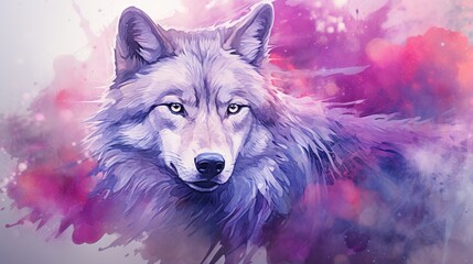  a painting of a wolf with blue eyes and a pink background.  generative ai