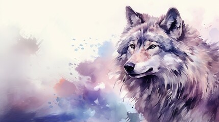  a painting of a wolf with blue eyes and a pink background.  generative ai
