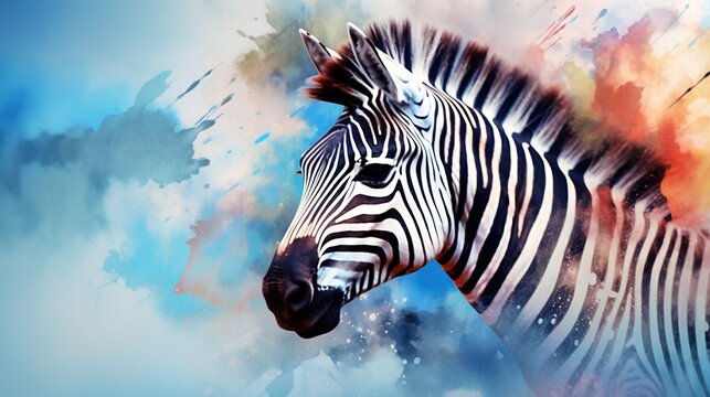  a painting of a zebra with a sky background behind it.  generative ai