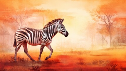 Fototapeta na wymiar a painting of a zebra walking in a field with trees in the background. generative ai
