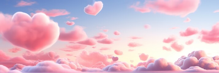 Fototapeta na wymiar Valentines day romantic background. Pink color heart shaped clouds on blue sky, love is in the air