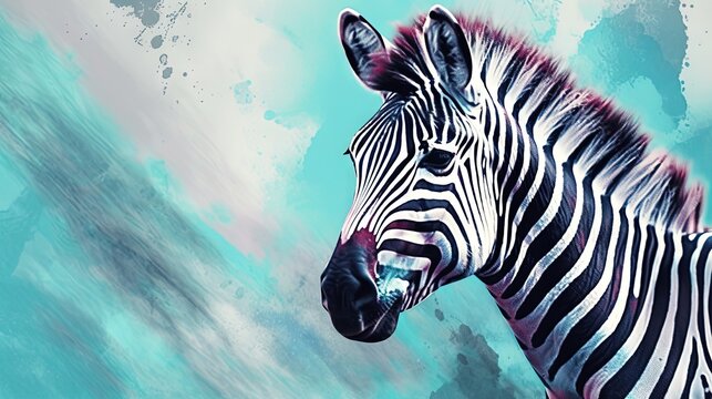  a painting of a zebra with a blue sky in the background.  generative ai
