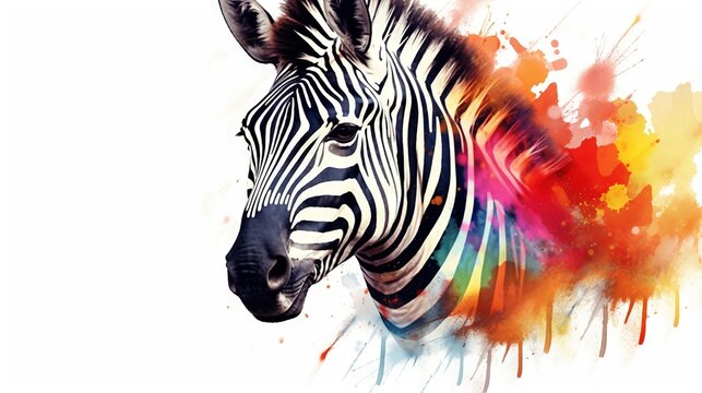  a zebra with a multicolored splash of paint on it's face.  generative ai