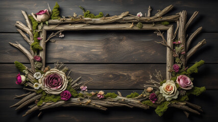 Horizontal Gothic Driftwood Frame on Dark Wood with Roses around Rustic Interior