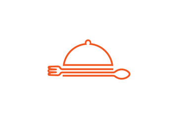Fototapeta premium Restaurant food lid logo design with spoon and fork cutlery in minimalist linear design