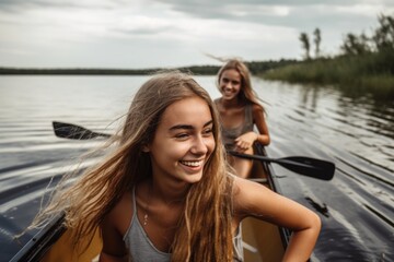 Fototapeta na wymiar two young women having fun together while canoeing at a lake by the ocean