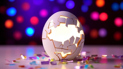 White tamagotchi egg cracked open on a plain white.Generative AI